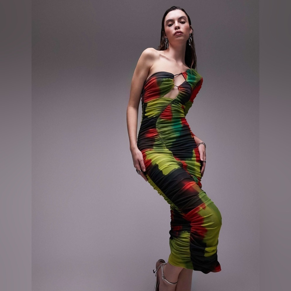 TOPSHOP One Shoulder Cutout Ruched Mesh Bodycon Midi Dress Tie Dye Multicolor 8